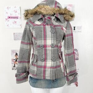 Vintage DOLLHOUSE Plaid Faux Fur Hooded Peacoat